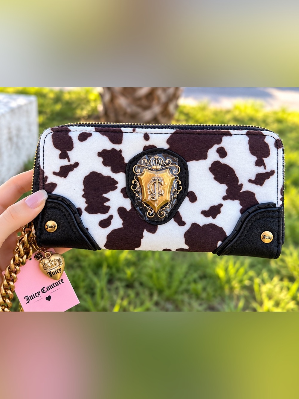 Juicy couture Cowhide Print Wristlet Wallet with Gold Crest Accent